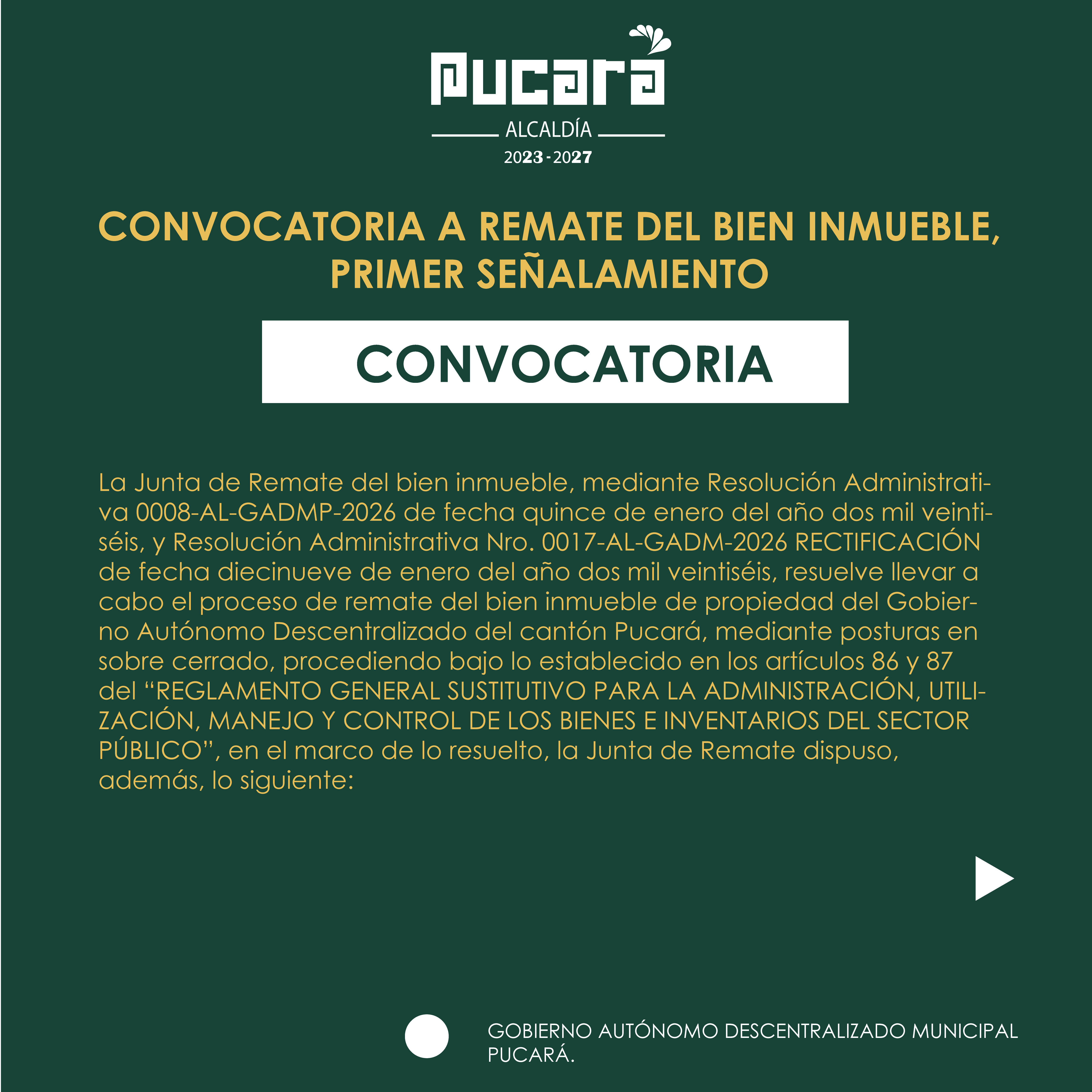CONVOCATORIA A REMATE DEL BIEN INMUEBLE, PRIMER SEÑALAMIENTO