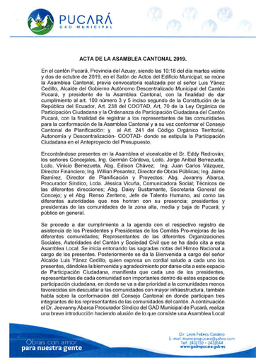 ACTA ASAMBLEA CANTONAL 2019 PRESUPUESTO PARTICIPATIVO